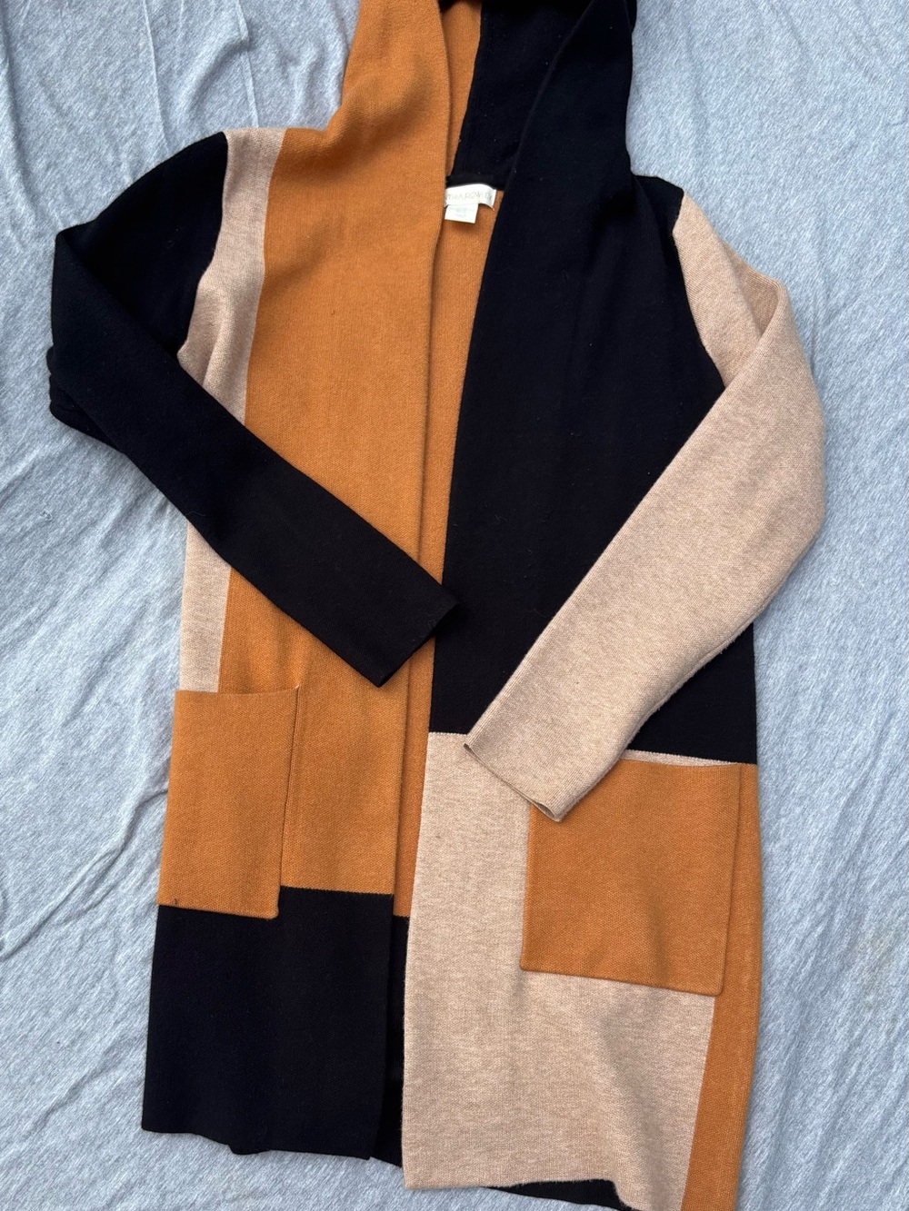 Cynthia Rowley Black Tan Camel Colorblock Hooded Cardigan Sweater
